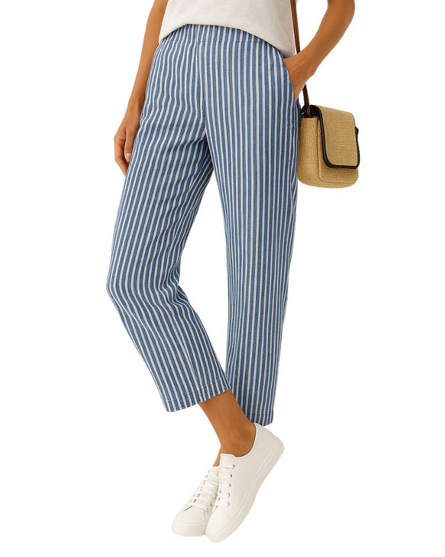 Patterned leisure trousers with elastic waistband and straight leg