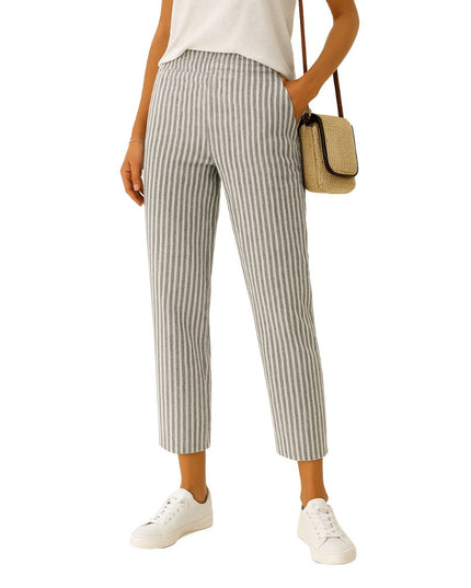 Patterned leisure trousers with elastic waistband and straight leg