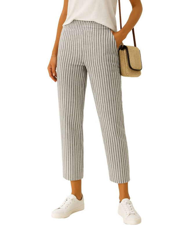 Patterned leisure trousers with elastic waistband and straight leg