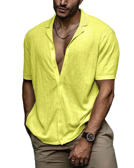 Men's short-sleeved shirt with a lapel collar and a textured surface