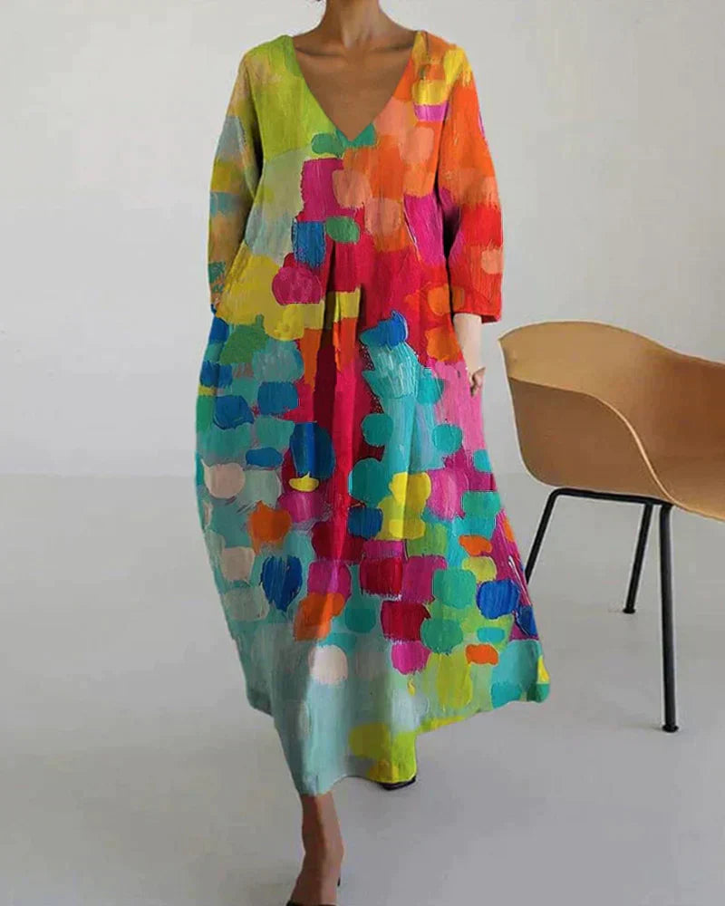 Women’s Long-Sleeve Dress with V-Neckline and Abstract Pattern