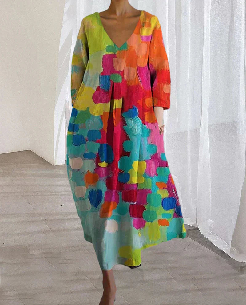 Women’s Long-Sleeve Dress with V-Neckline and Abstract Pattern