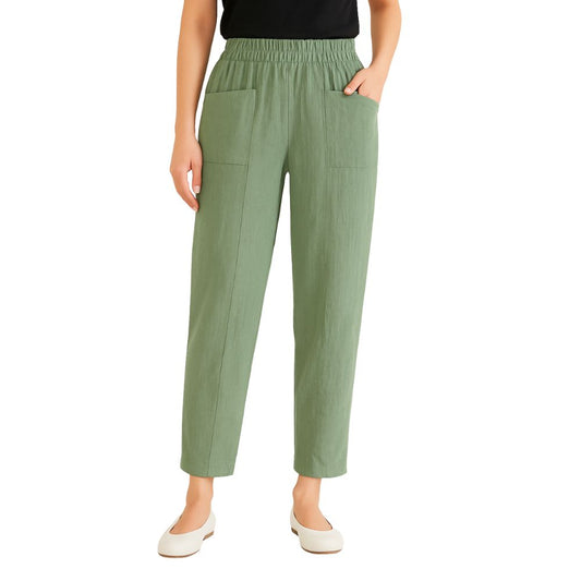 Straight-cut trousers with an elastic waistband and a simple design