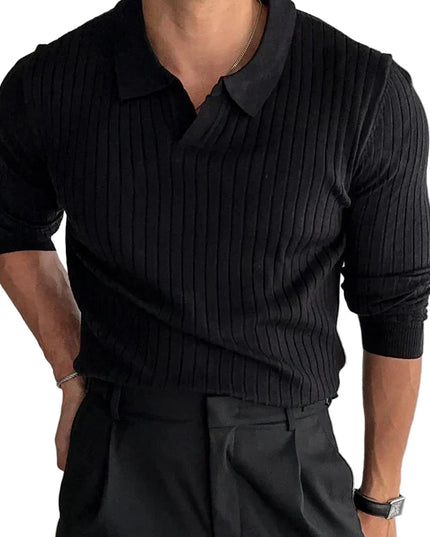 Ribbed long-sleeved shirt with polo collar and slim fit