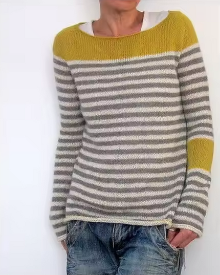 Sweater with striped pattern and color contrast at the neckline