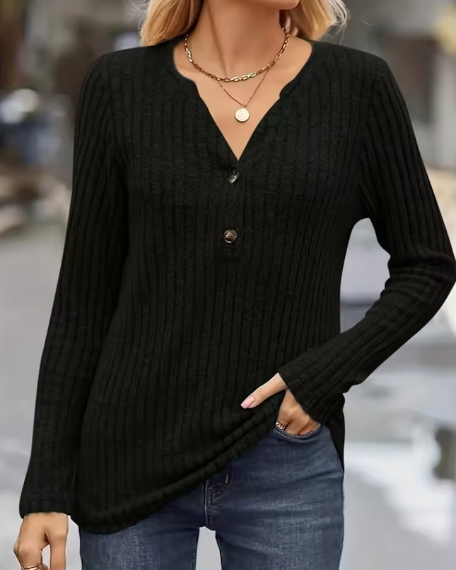 Knitted ribbed sweater with V-neck and buttons