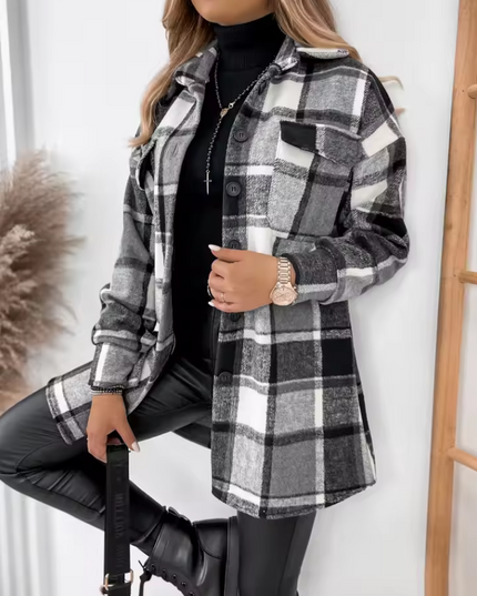 Checkered long-sleeved button-down shirt