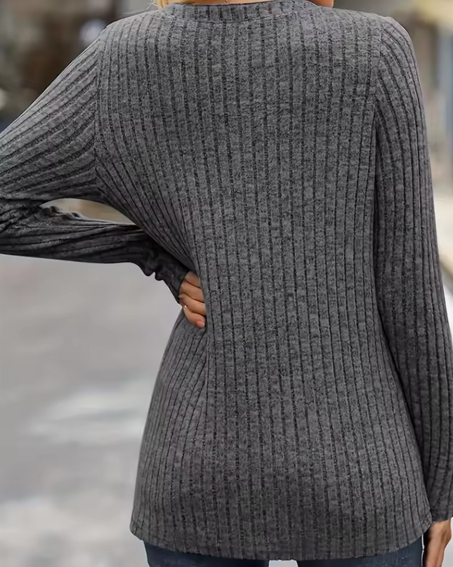 Knitted ribbed sweater with V-neck and buttons