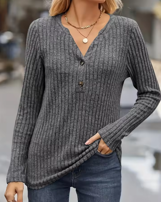Knitted ribbed sweater with V-neck and buttons
