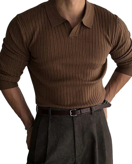 Ribbed long-sleeved shirt with polo collar and slim fit