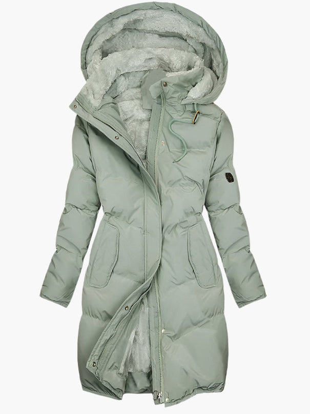 Long Puffer Coat with Hood and Fleece Lining