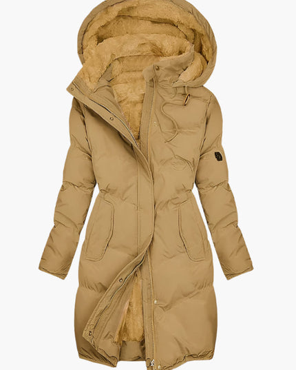 Long Puffer Coat with Hood and Fleece Lining